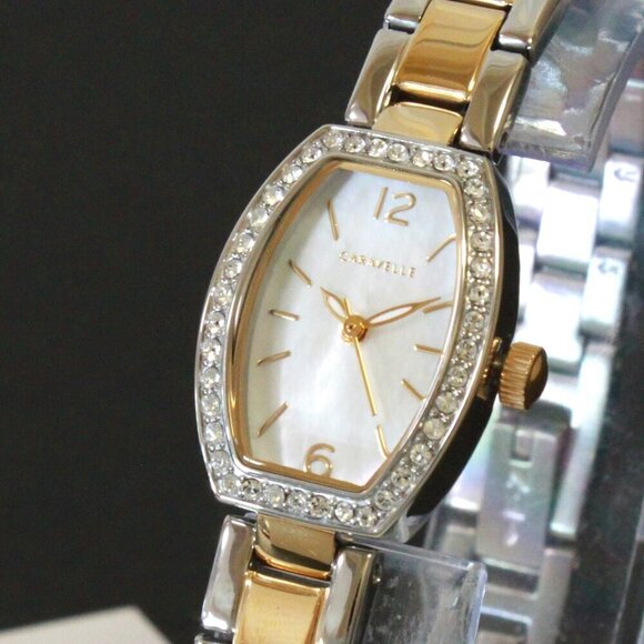 Caravelle Ladies Classic Dress Watch By Bulova Mother Of Pearl With Crystals - Picture 1 of 13